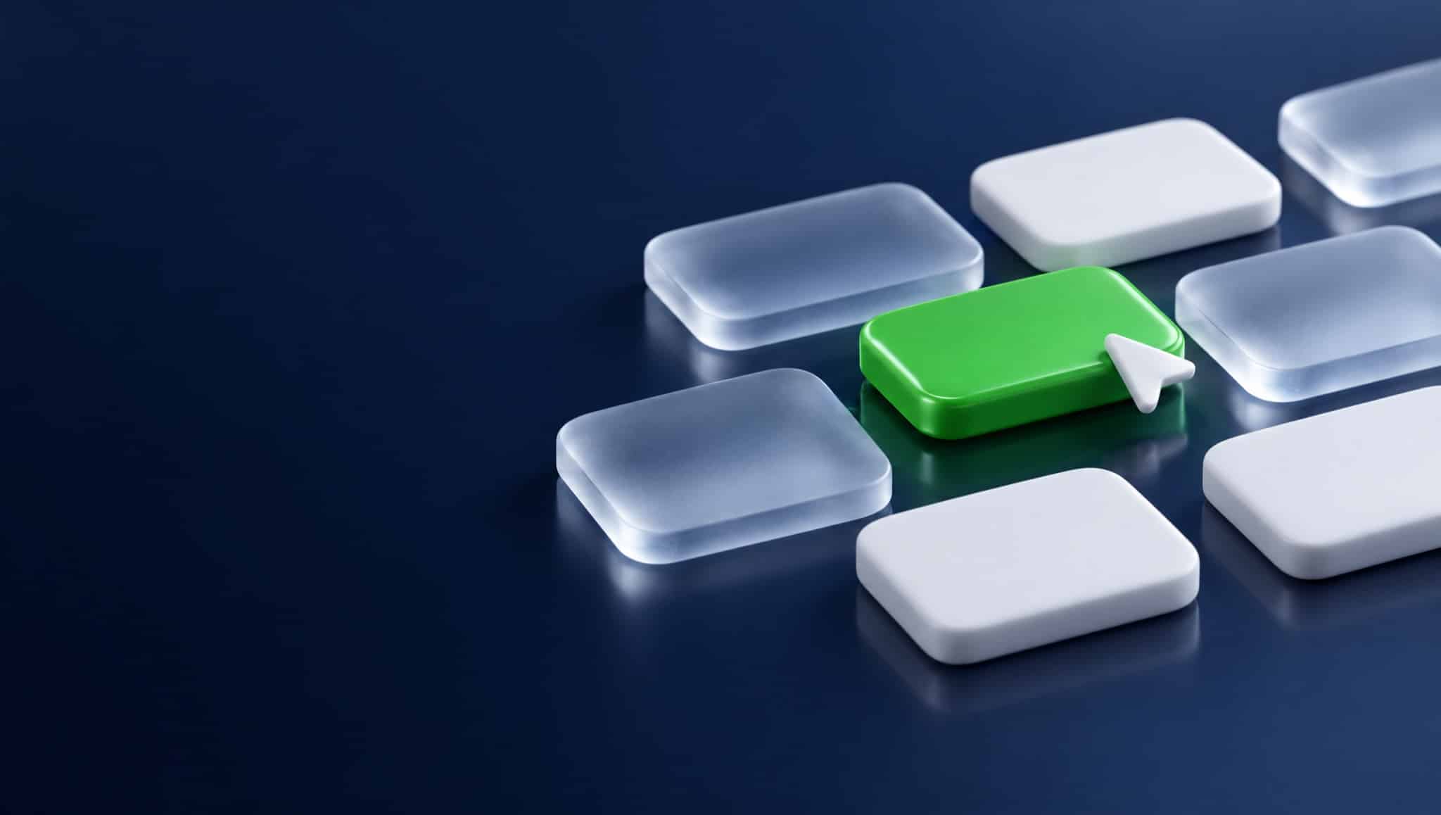 Call to Action Button als 3D-Illustration: ein grüner Button zwischen milchglasigen Kacheln, auf den ein weißer Mauszeiger zeigt