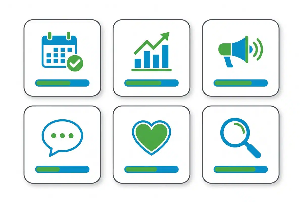 Social Media Marketing Tools: Icons für Planung, Analyse, Reichweite, Dialog, Interaktion und Monitoring